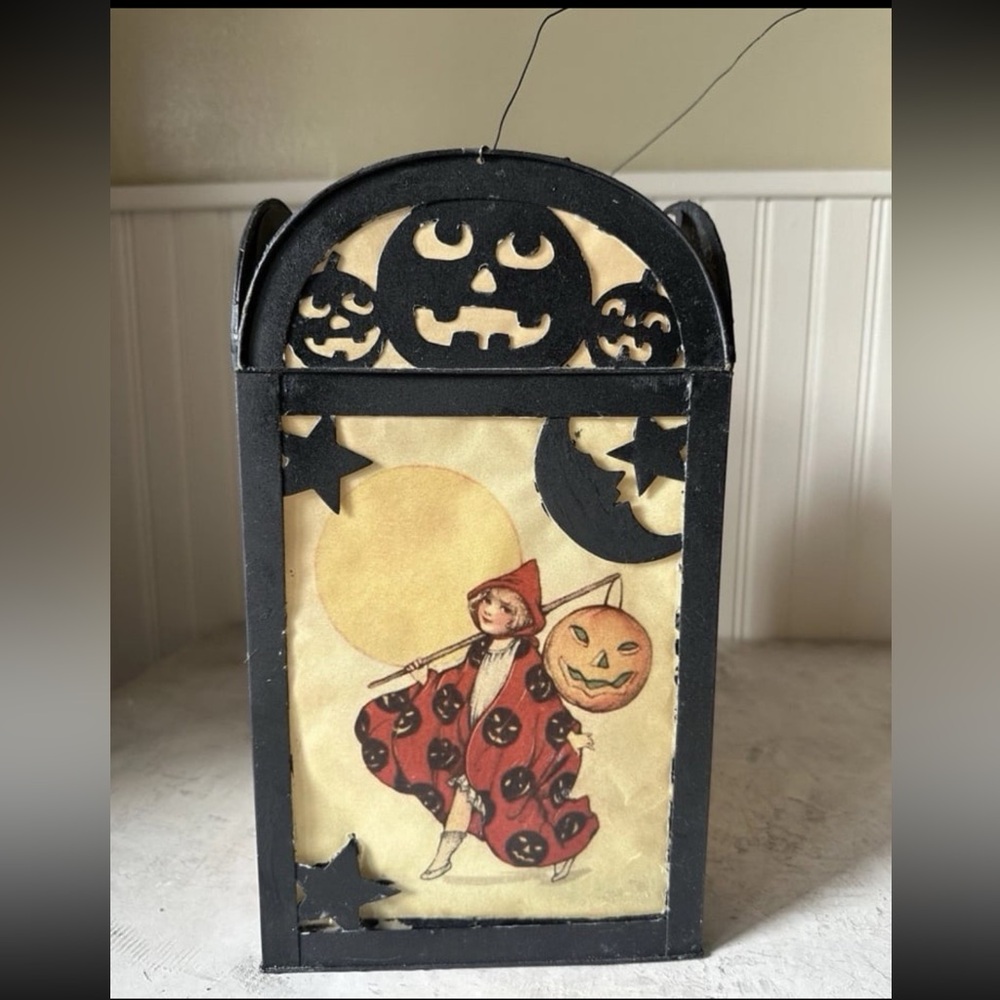 Bethany Lowe Halloween Hanging Lantern Light Up Retired Tin & Paper Pumpkin Girl